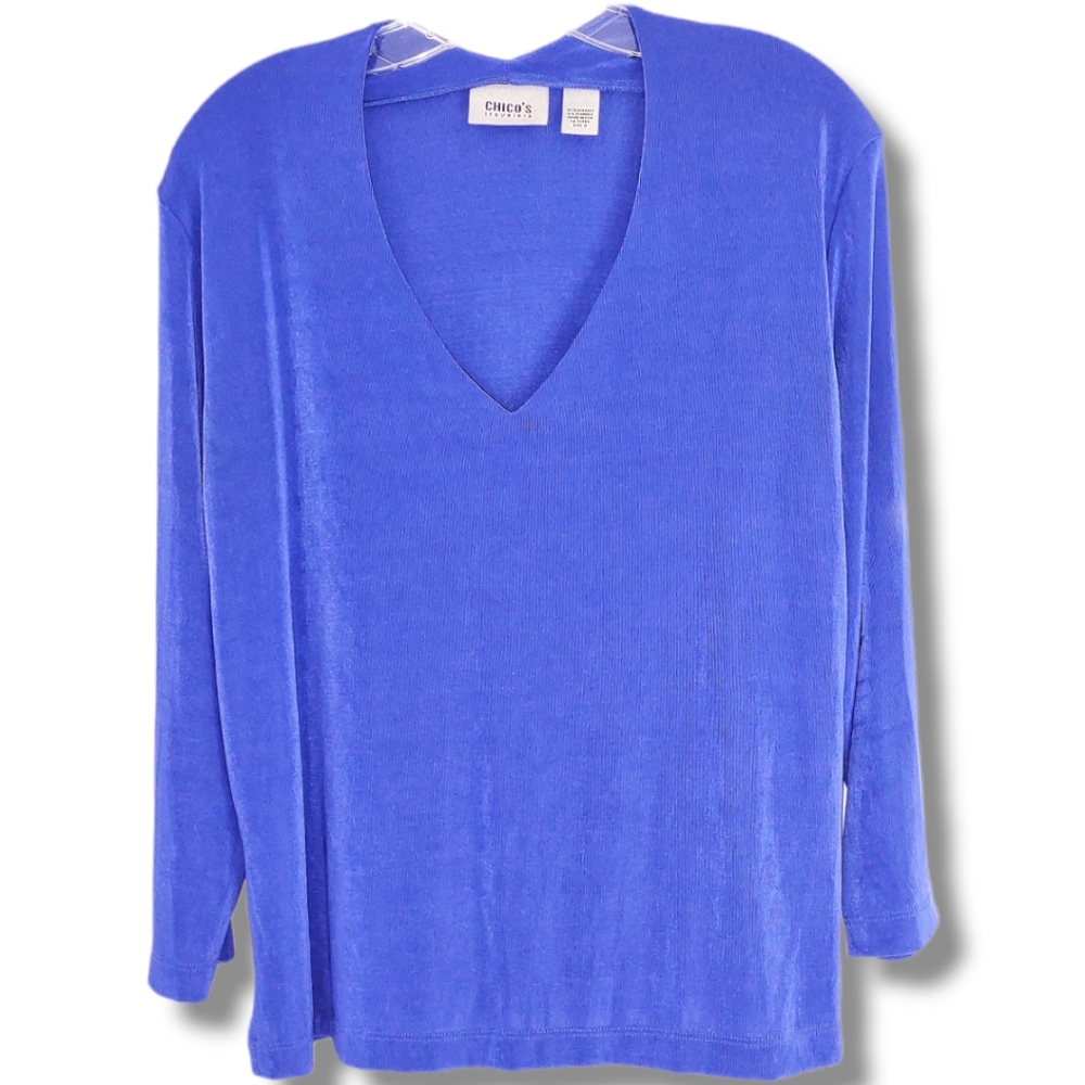 Chico's Violet Blue Top Jersey Travelers V Neck LS Wrinkle Free XL